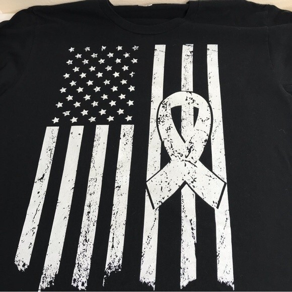 Lung Cancer Awareness American Flag White Ribbon Black T Shirt Mens Size Large - Picture 4 of 9